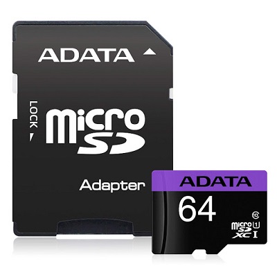 MICRO SD 64GB AData + SD adapter AUSDX64GUICL10-RA1 