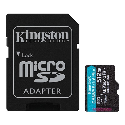 Micro SD Card + adapter 512GB KINGSTON Canvas Go! Plus SDCG3/512GB V30, A2